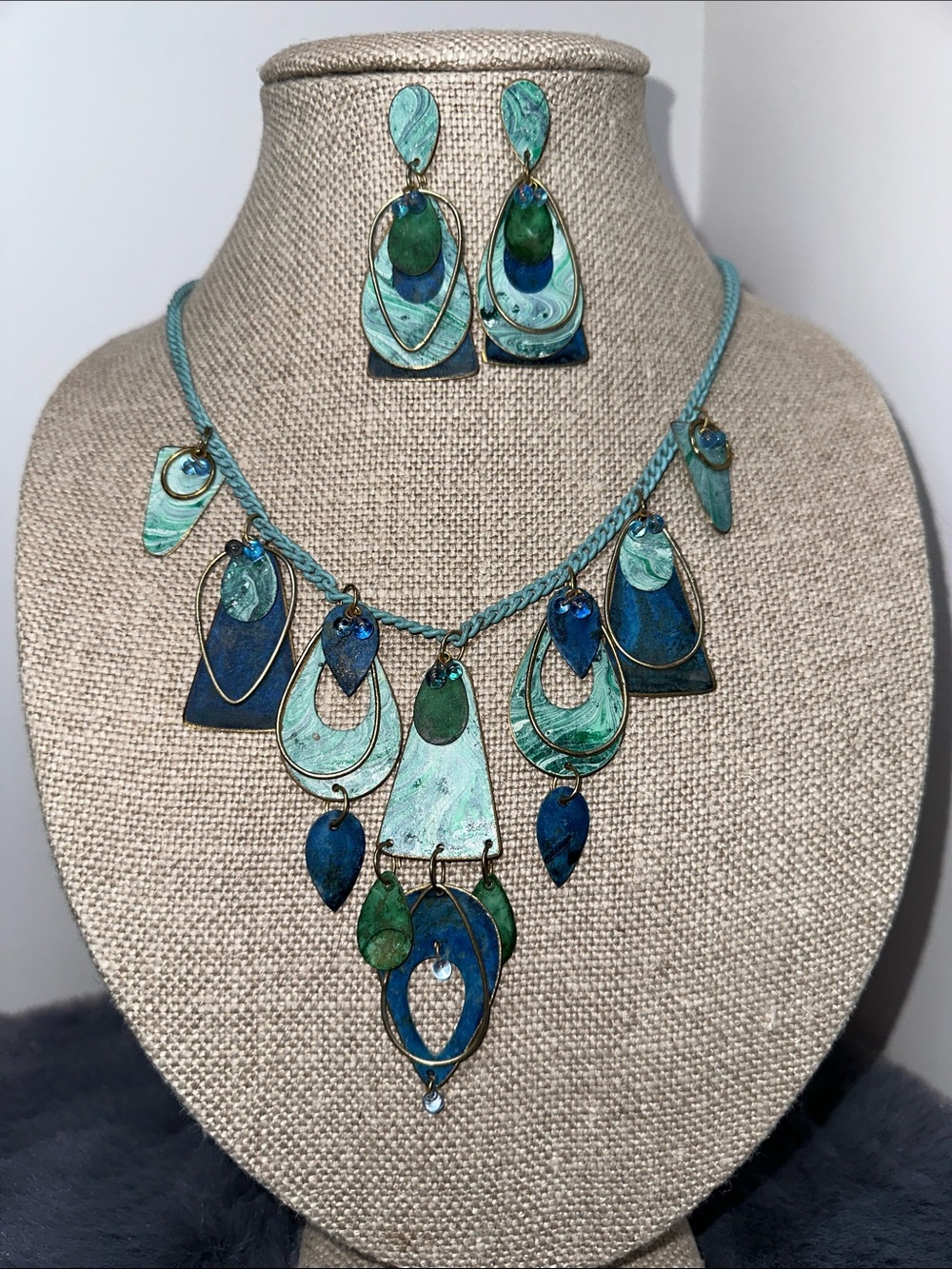 Teal & Blue Hand Painted Metal Multi-Dangle Statement Necklace and Earring Set